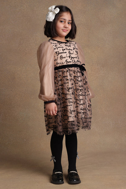 Girls Beige Text Print Dress