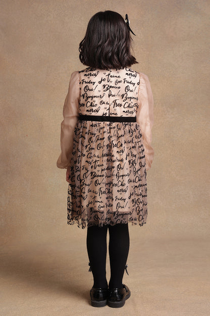 Girls Beige Text Print Dress
