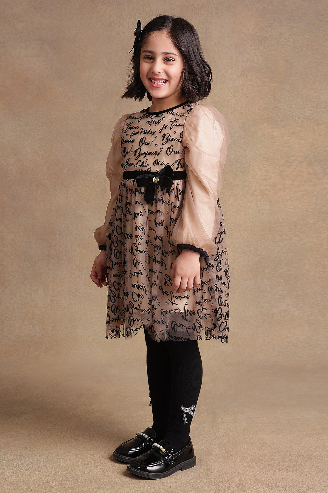 Girls Beige Text Print Dress