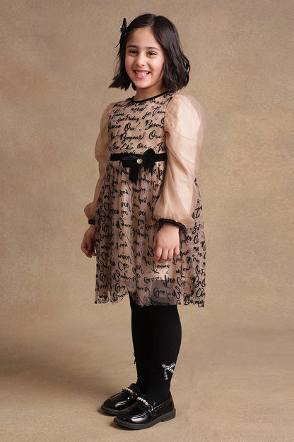 Girls Beige Text Print Dress
