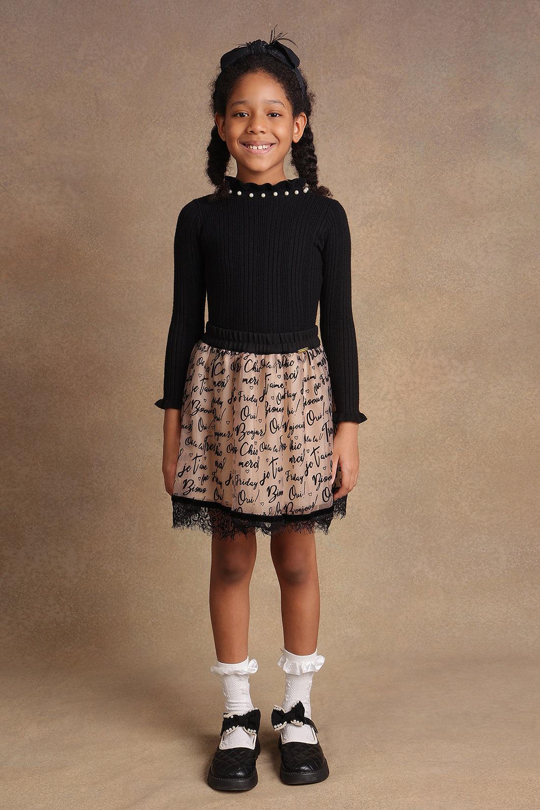 Girls Beige Text Print Skirt