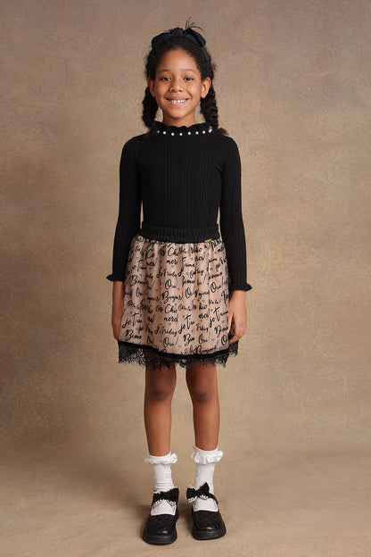 Girls Beige Text Print Skirt