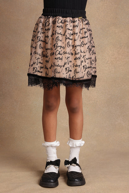 Girls Beige Text Print Skirt