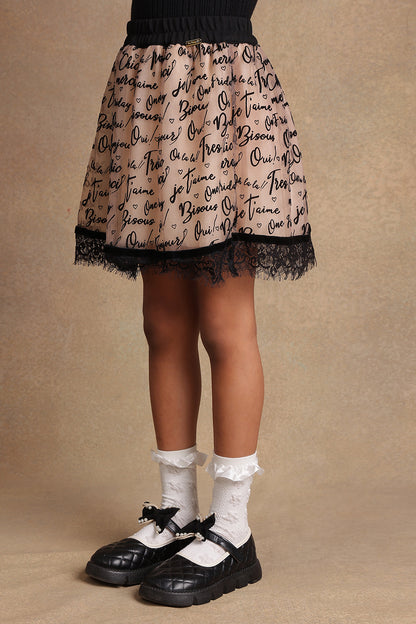Girls Beige Text Print Skirt