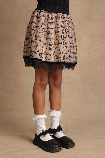Girls Beige Text Print Skirt
