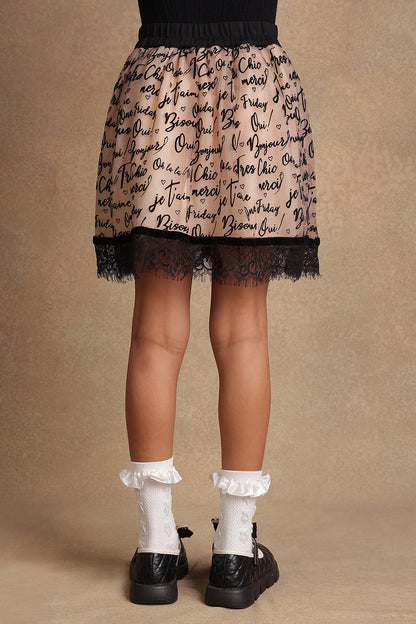 Girls Beige Text Print Skirt