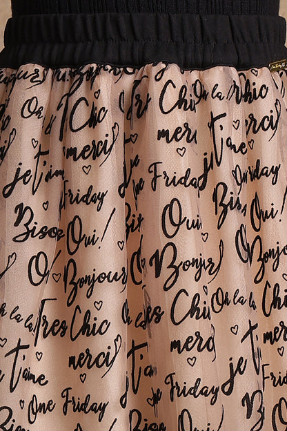 Girls Beige Text Print Skirt