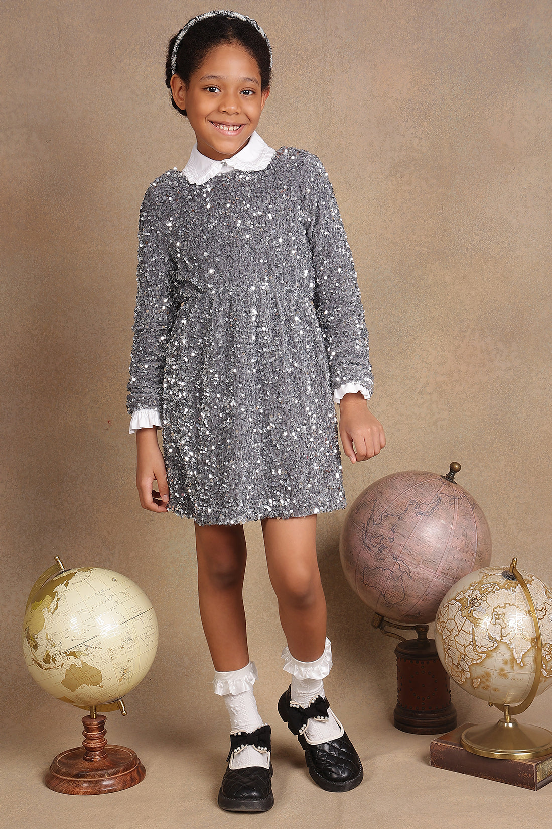 Girls Grey Sequinned Dress