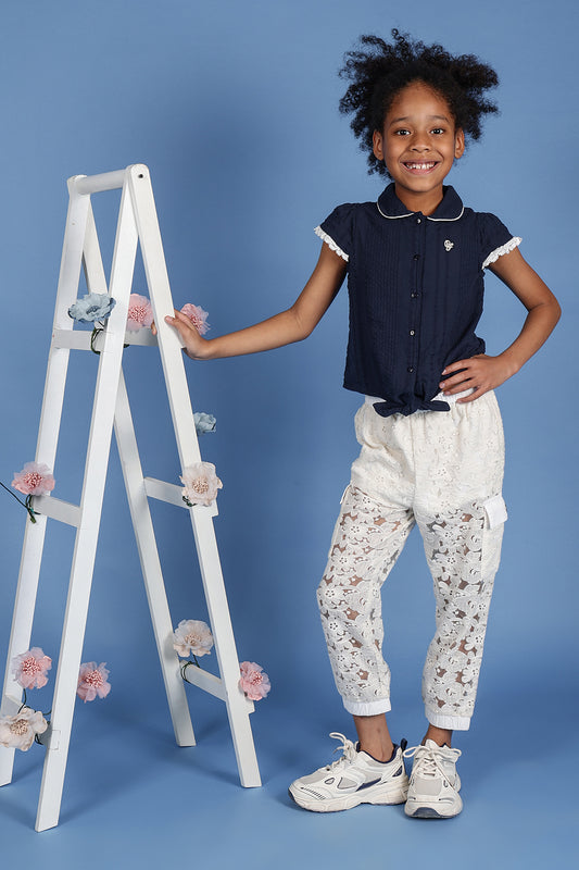 One Friday Kids Girls Off White Cotton Laced Jogger