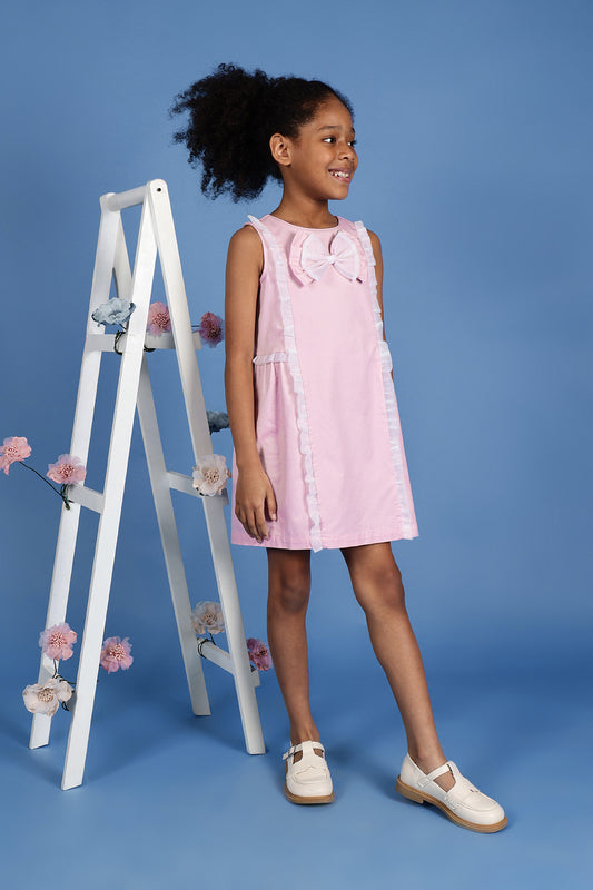 Kids Girls Pink Cotton Sleeveless Dress With Frills & Bow