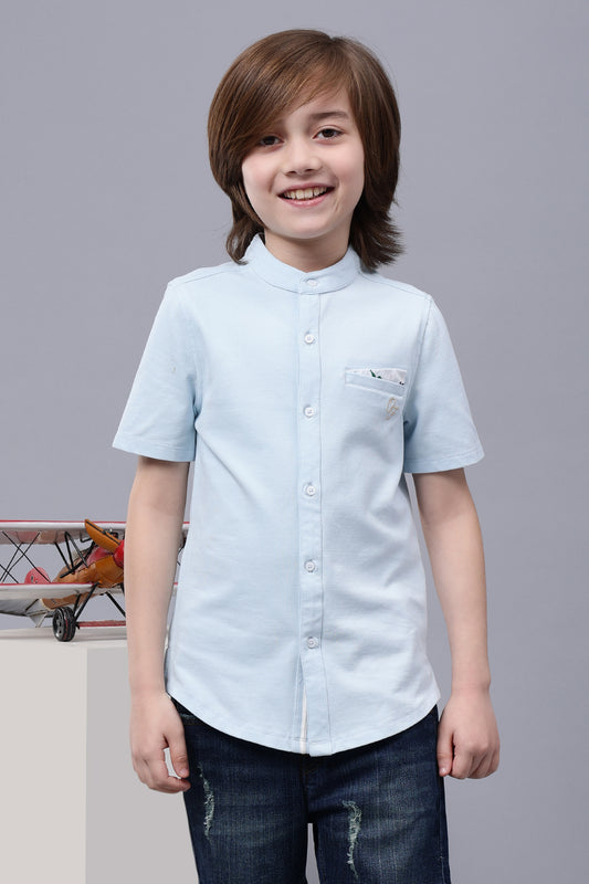 One Friday Kids Boys Blue Cotton Chinese Collar Shirt