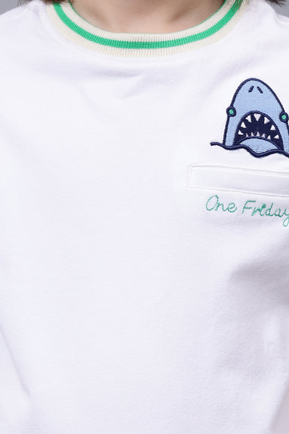 Boys 100% Cotton White Round Neck Embroidered T-shirt
