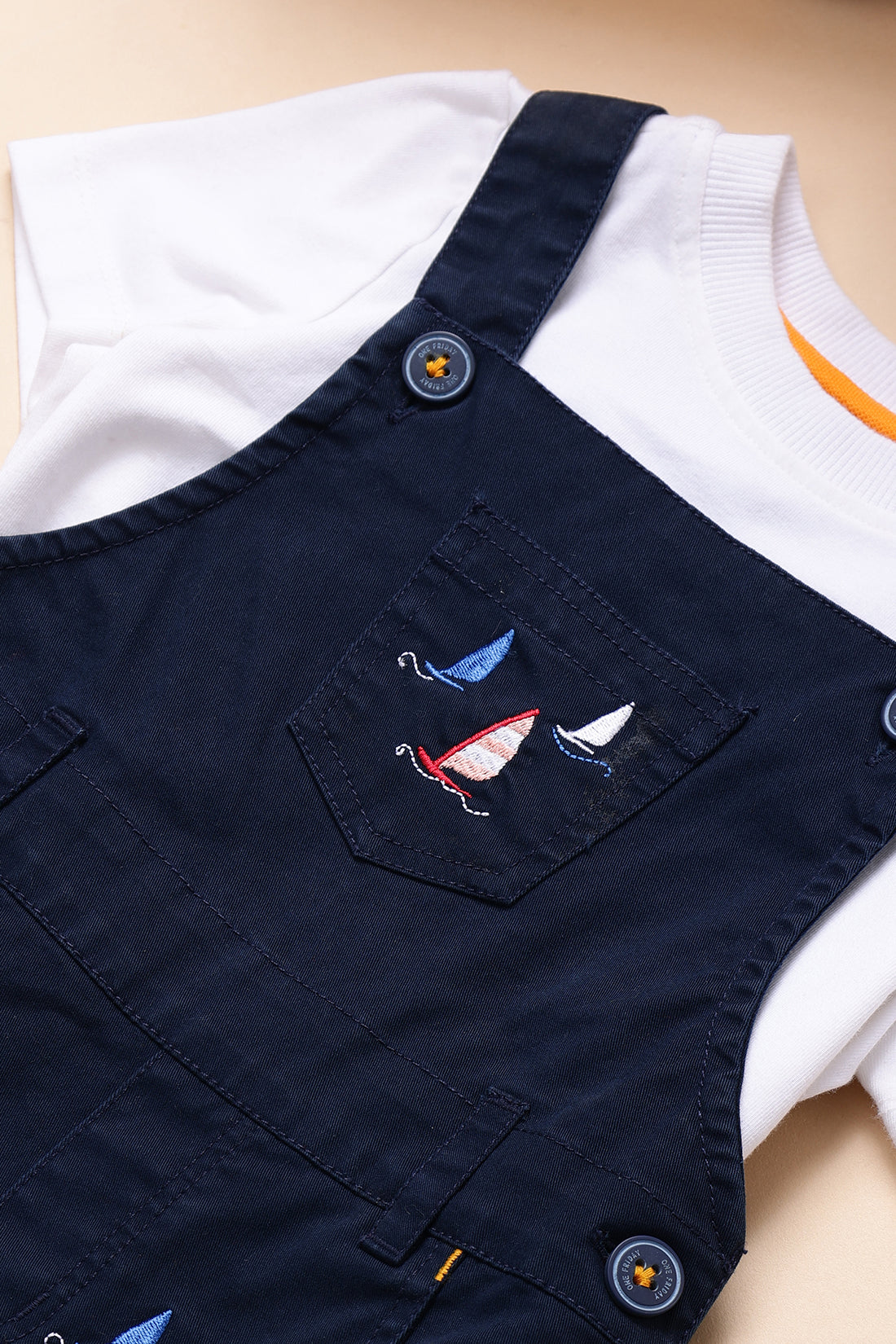 One Friday Baby Boys Navy Blue Cotton Embroidered Dungaree With T-shirt
