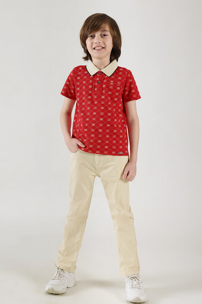 Boys Red Regular Fit Half Sleeve Printed Polo T-Shirt by One Friday