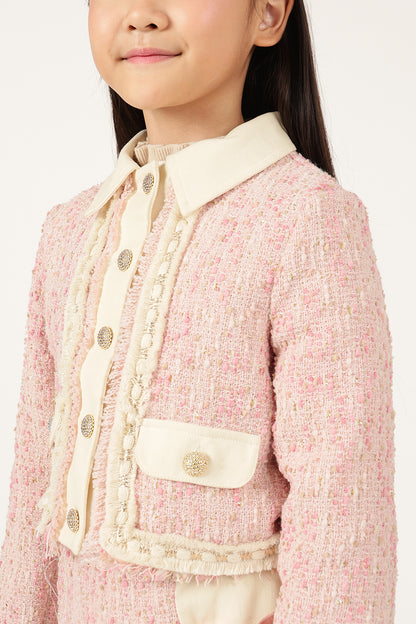Girls Multicolour Bouclé Shirt Collar Jacket