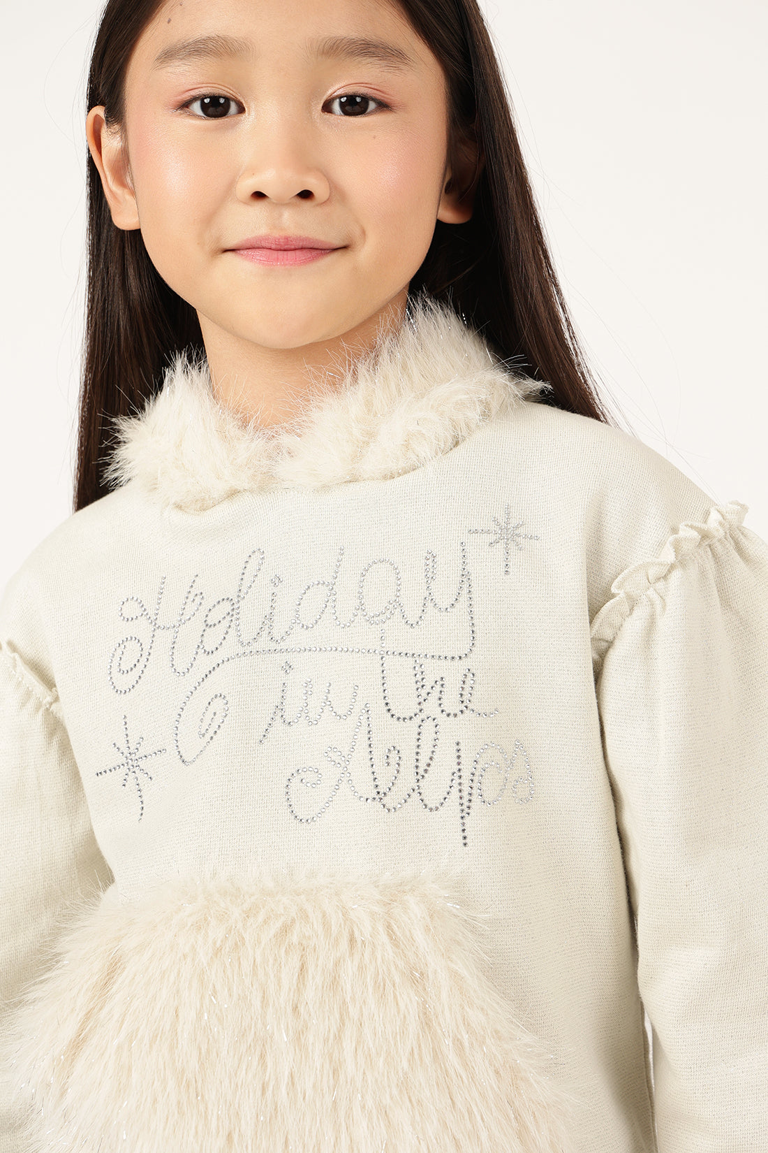 Girls Off White Hooded Full Sleeve Knit Hoody