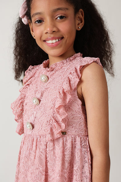 Girls Pink Fitted & Flared Sleeveless Laced Dress