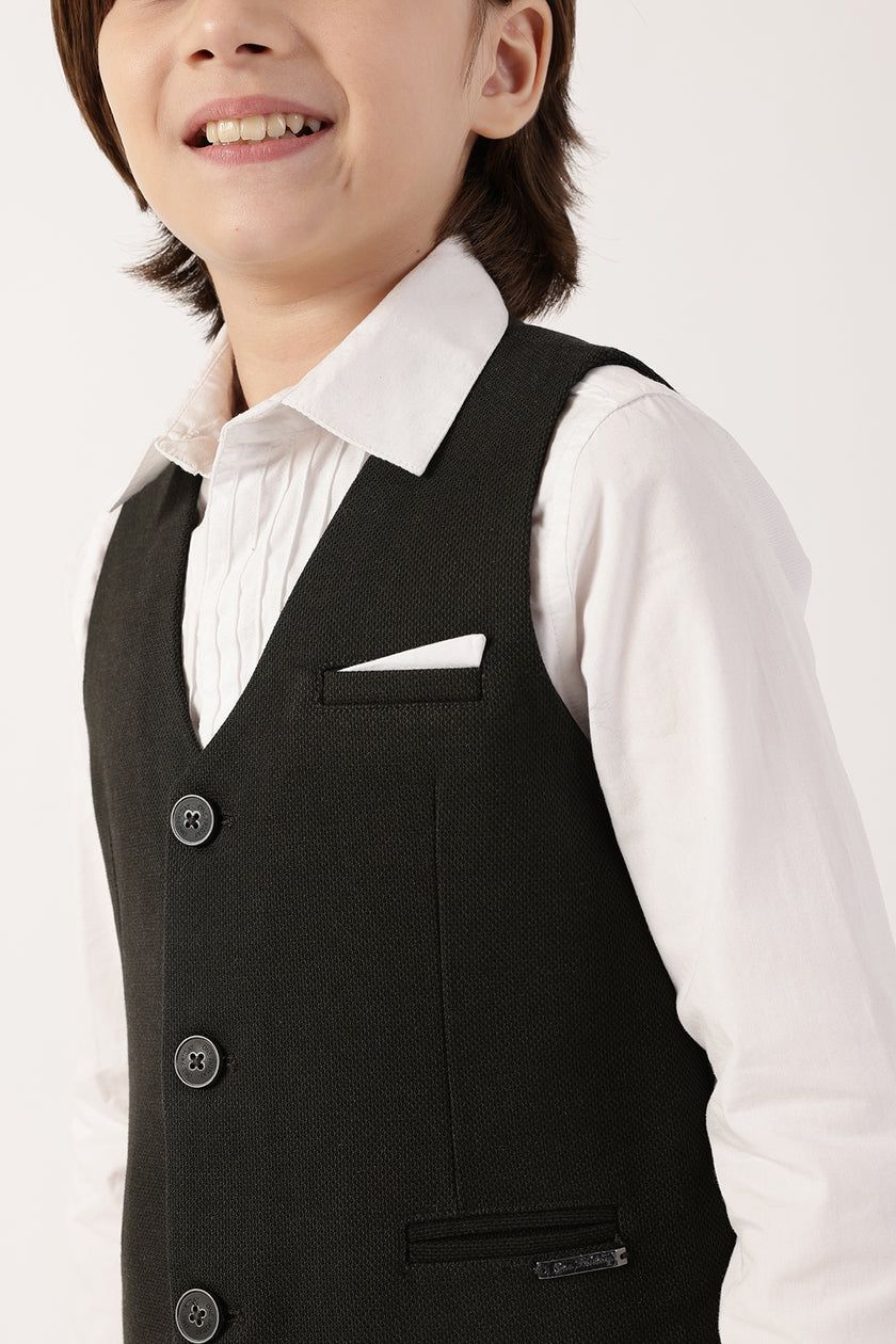 Boys Olive Solid Sleeveless V-Neck Waistcoat