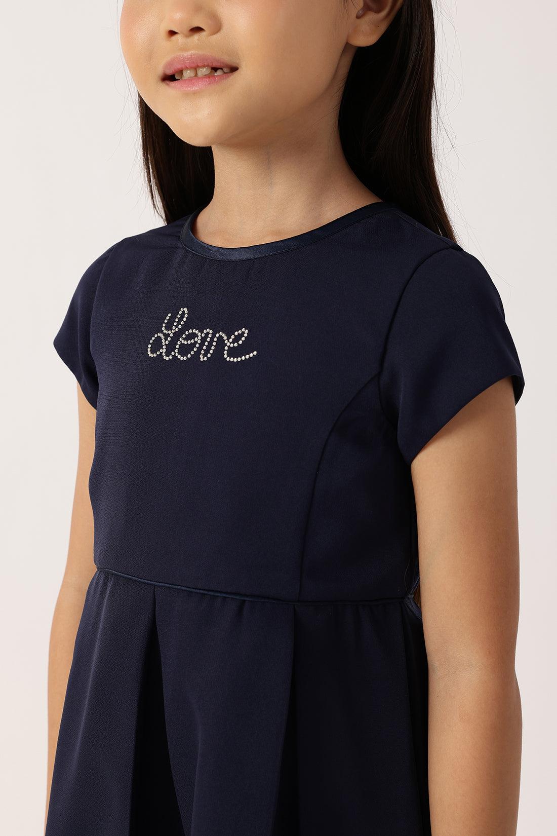 Girls Navy Blue Polyester Full Sleeve Woven Dress | One Friday