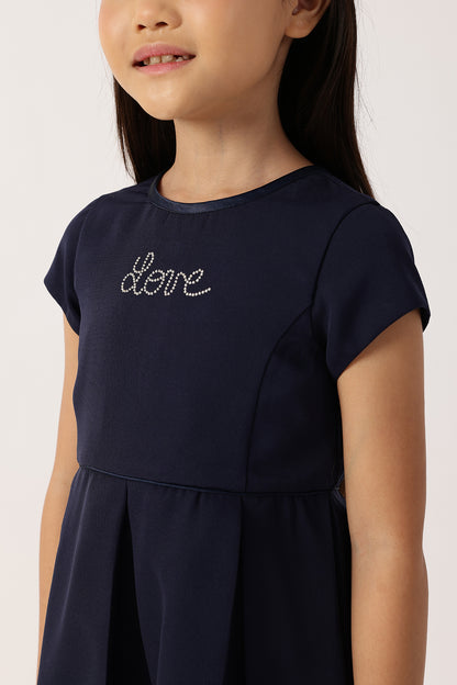 Girls Navy Blue Polyester Full Sleeve Woven Dress | One Friday