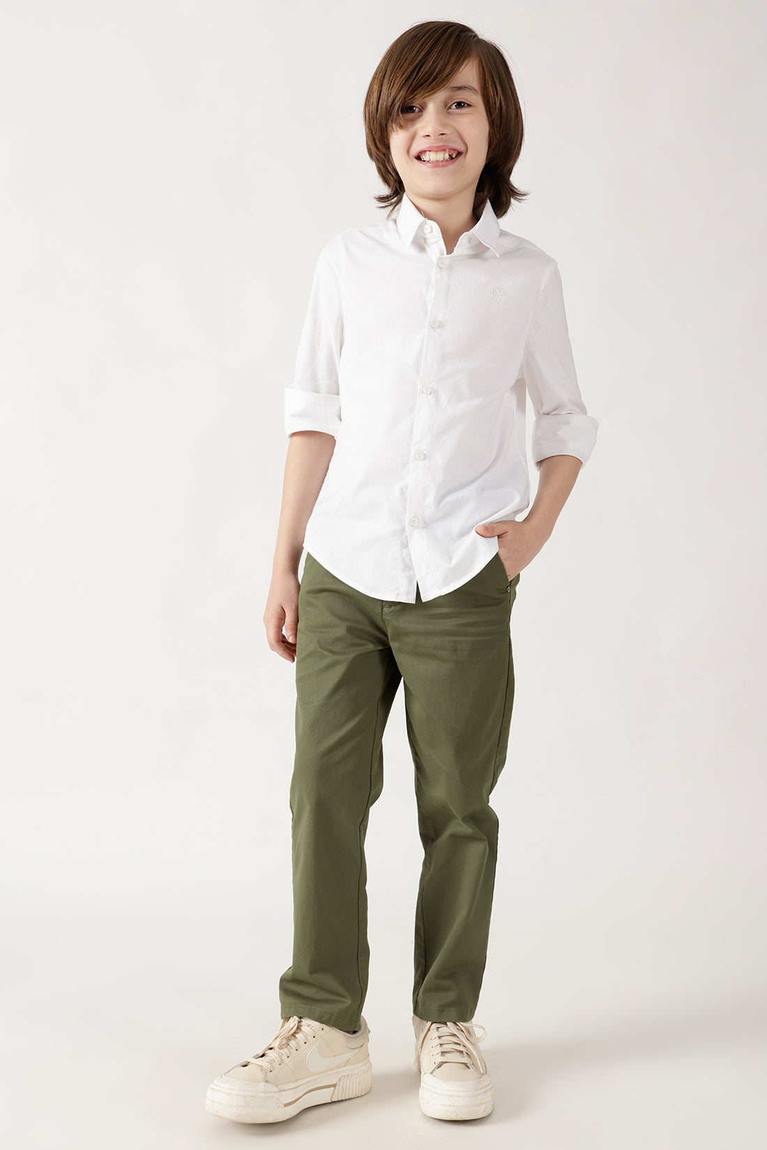 Boys Olive Loose Fit Solid Cargo Trouser By One Friday