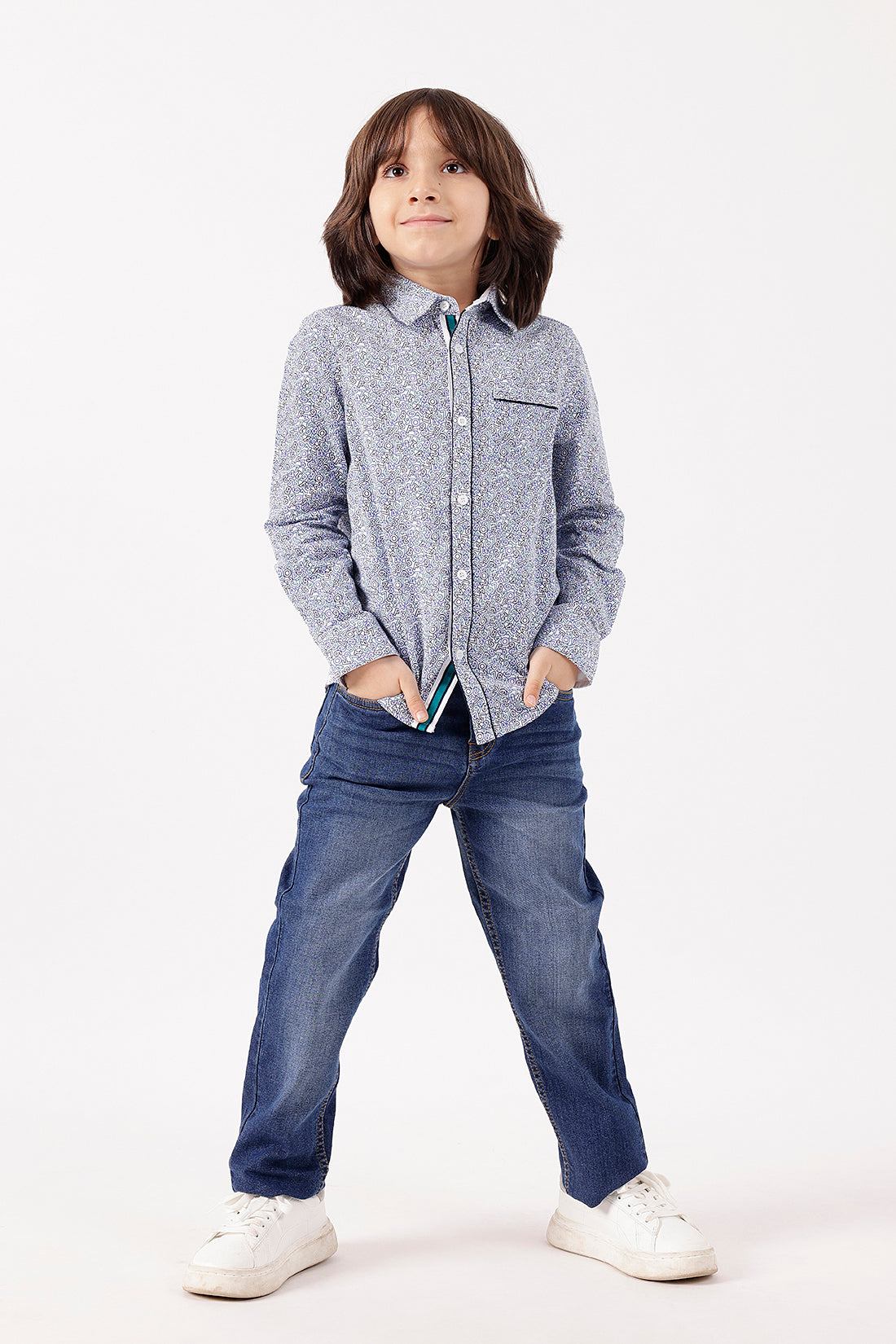 Boys Blue Printed Cotton Shirt