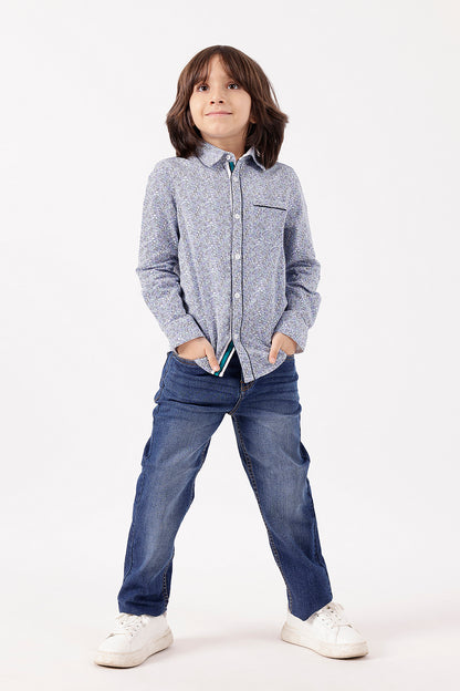 Boys Blue Printed Cotton Shirt