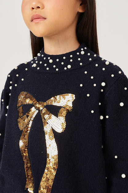Girls Navy Blue Bow Embroidered Sweater