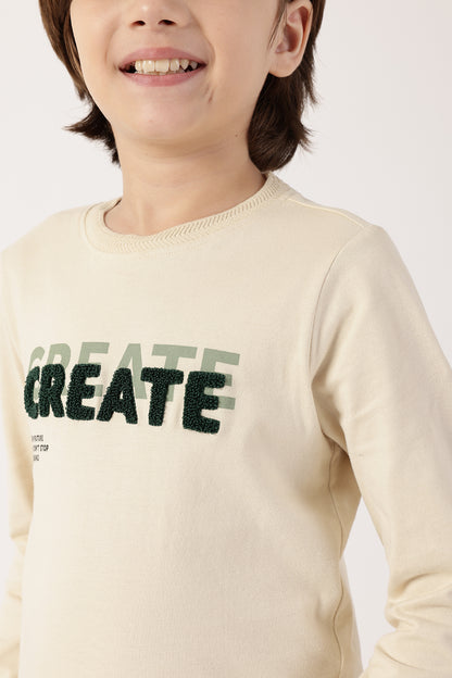 Boys Off White Round Neck Cotton T-Shirt