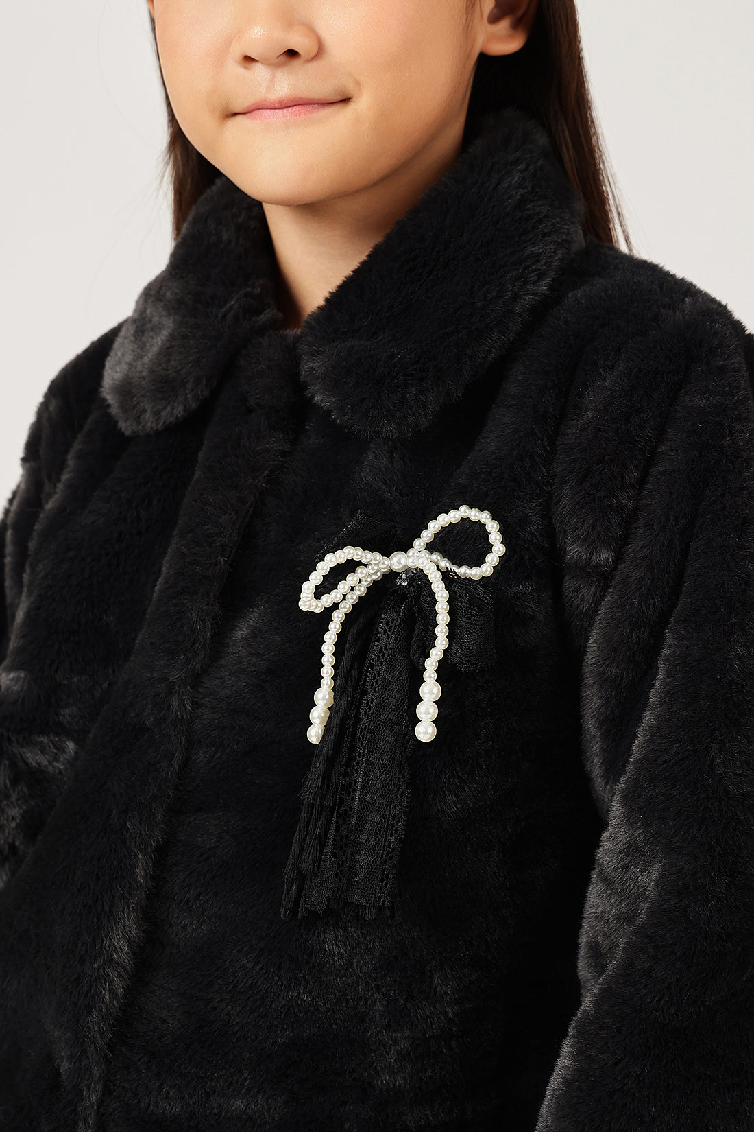 Girls Black Fur Buttoned Shirt Collar Overcoat | One Friday