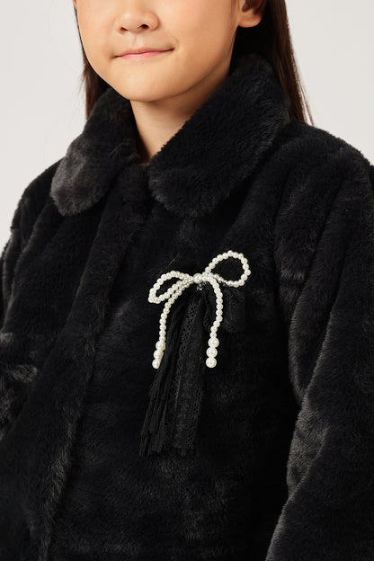 Girls Black Fur Buttoned Shirt Collar Overcoat | One Friday