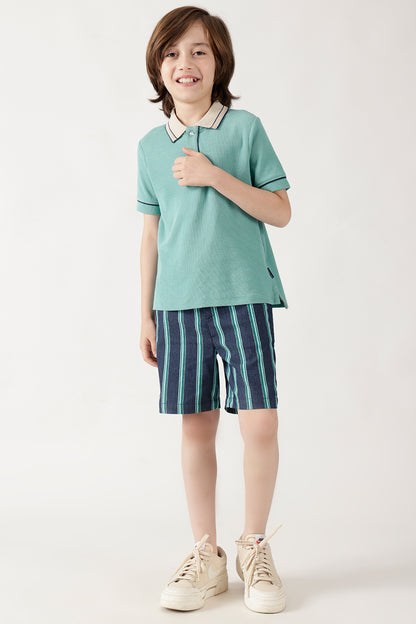 Boys Green Regular Fitted Half Sleeve Textured T-Shirts By One Friday