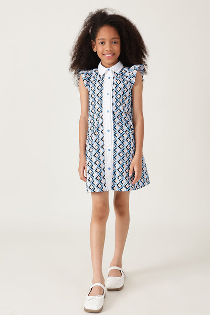 Girls Blue Frill Sleeve Geometrical Print Dress Online | One Friday