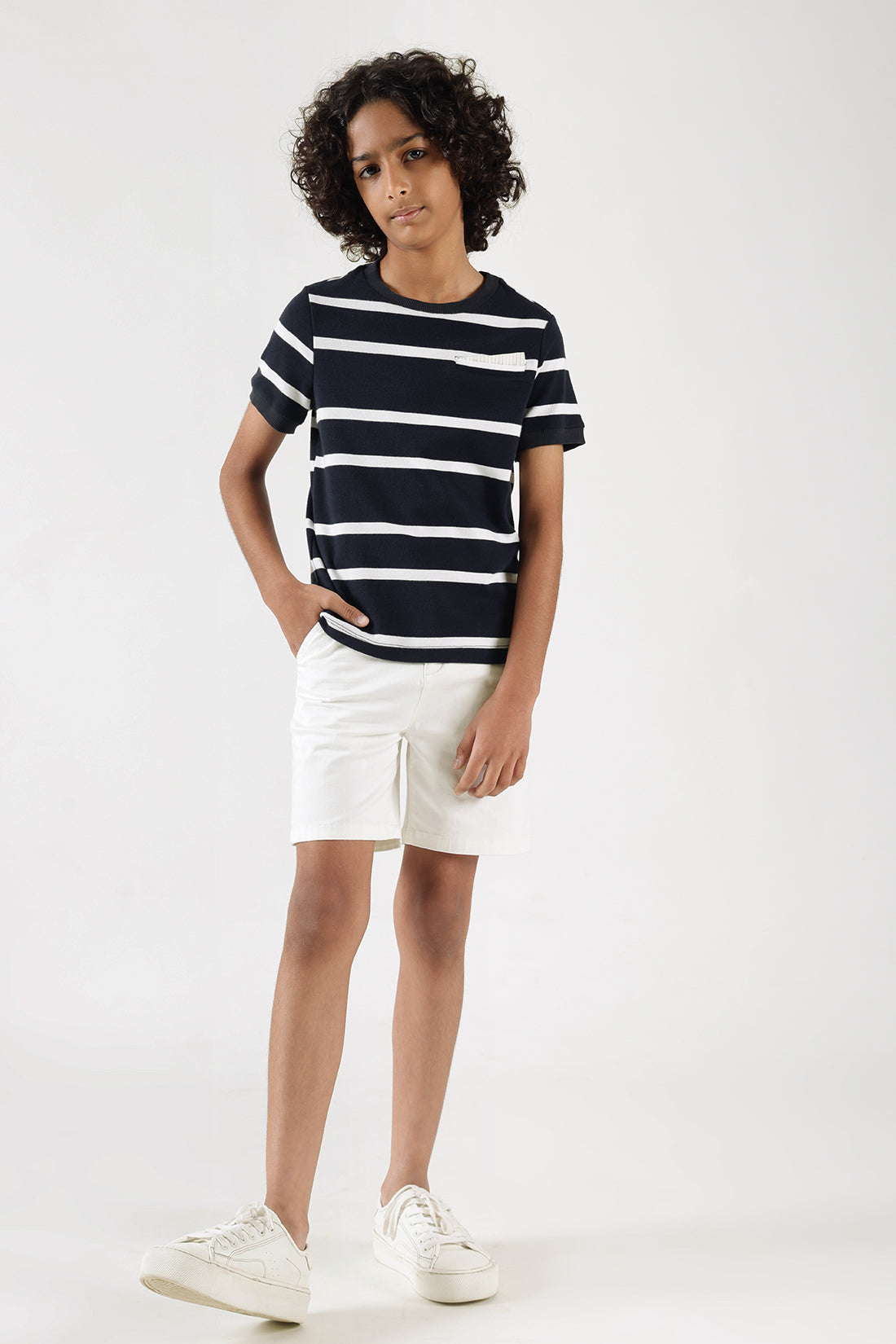 Boys Navy Blue Regular Fit Short Sleeve Striped T-Shirts By One Friday