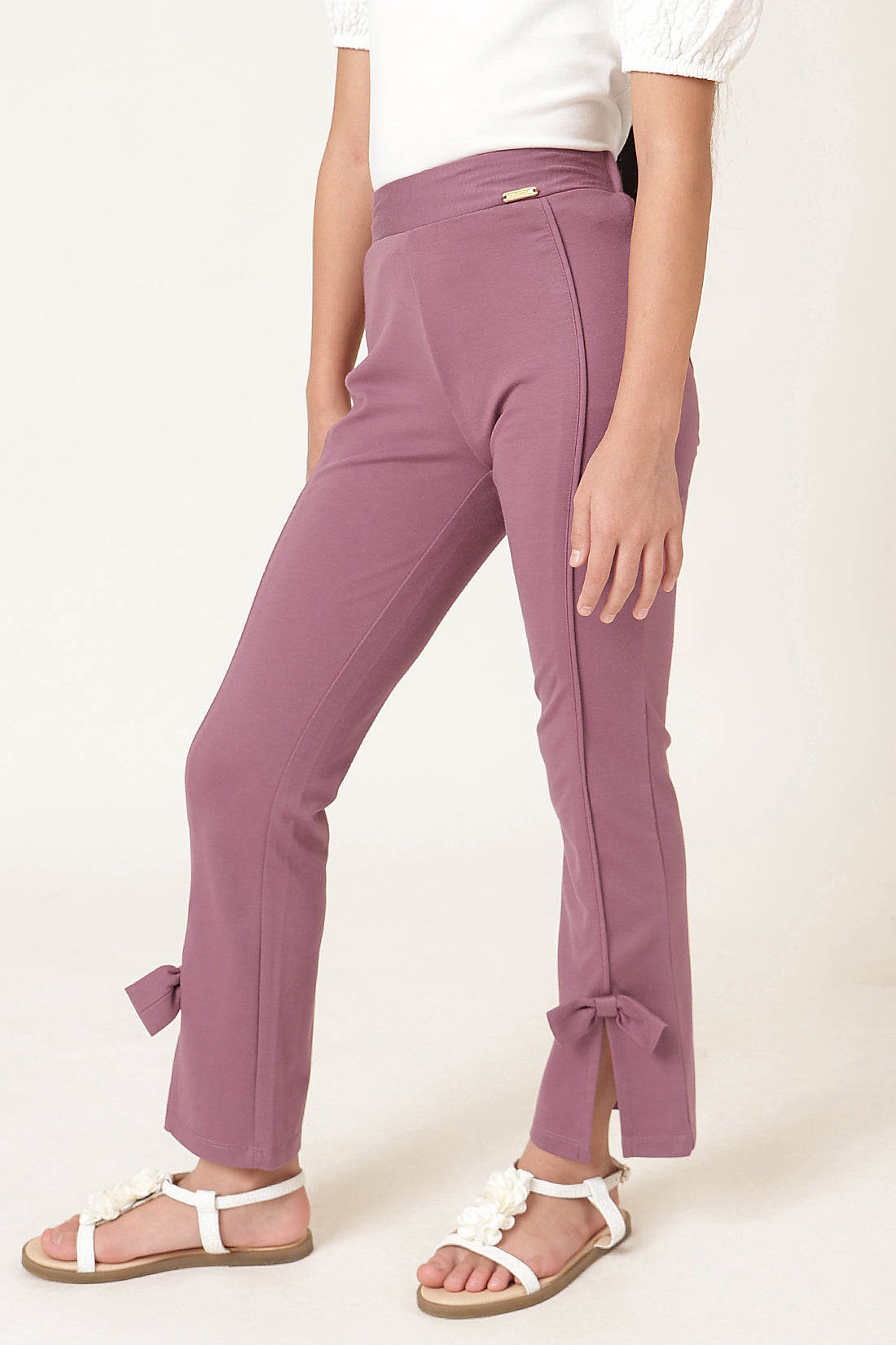 Girls Peach Solid Cotton Casual Jeggings