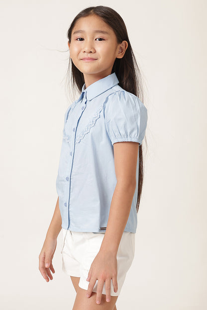 Girls Blue Solid Polyester Summer Top – Button Front
