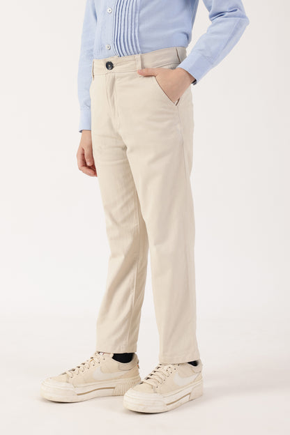 Boys Beige Solid Stretch Woven Trousers