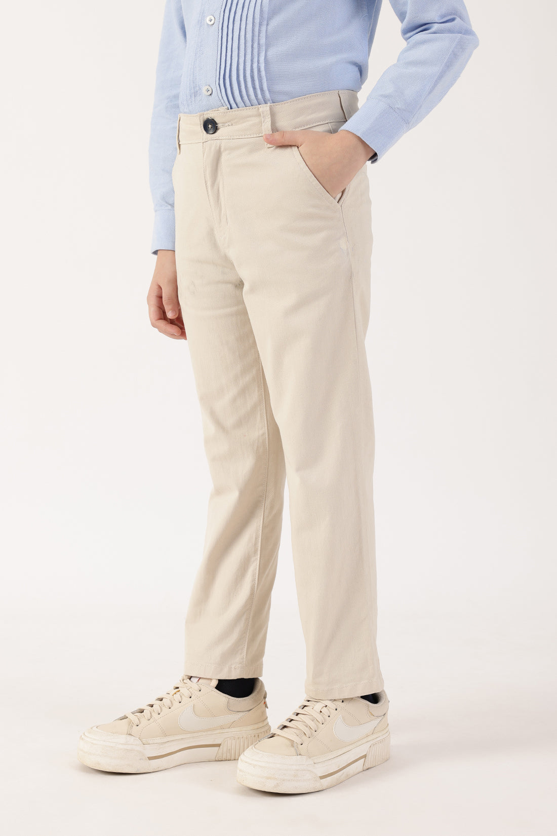 Boys Beige Solid Stretch Woven Trousers