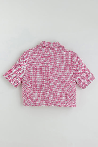 Girls Pink Cropped Fit Half Sleeve Yarn Dyed Jacket by One Friday