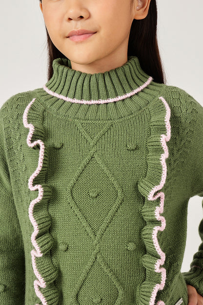 Girls Olive High Neck Knit Sweater