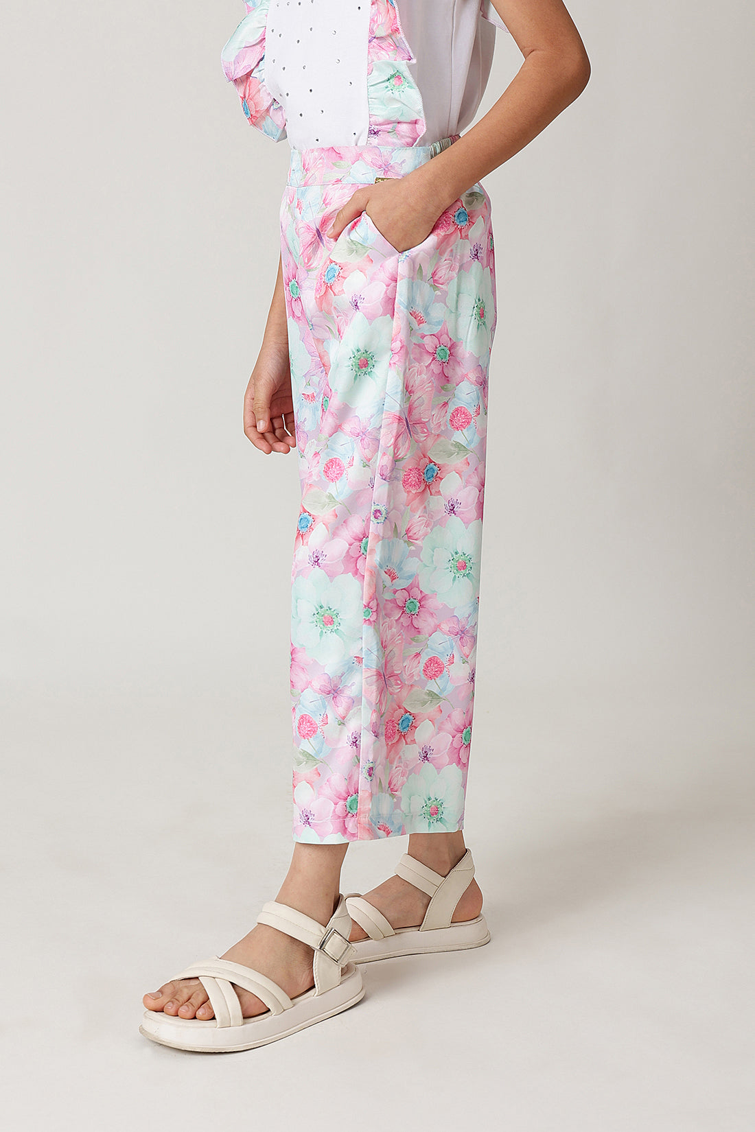 Girls Multi Color Flared Floral Printed Trouser by One Friday