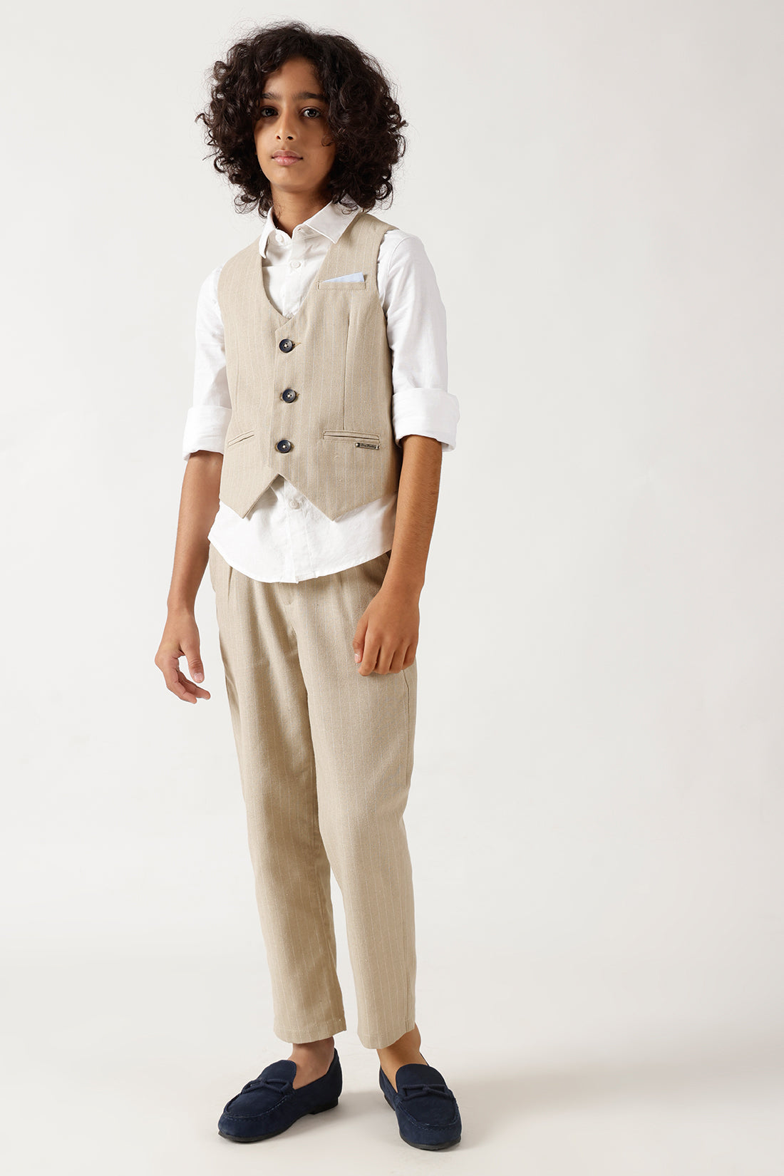 Boys Beige Slim Fit Solid Trouser by One Friday