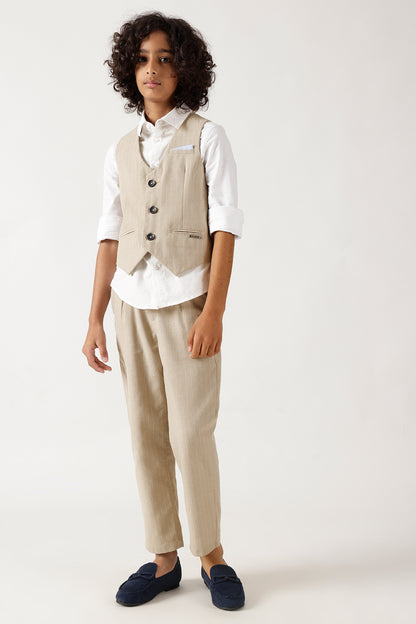 Boys Beige Slim Fit Solid Trouser by One Friday