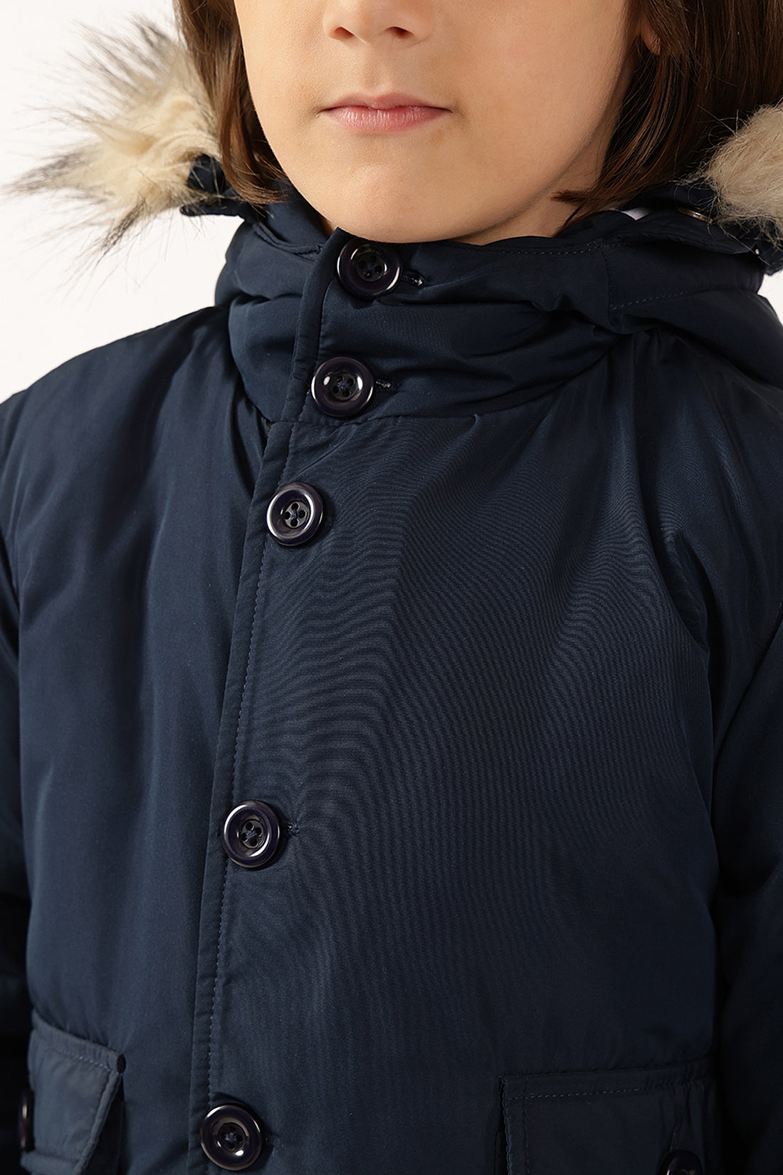 Unisex Navy Blue Solid Hooded Polyester Woven Jacket with Buttons | One Friday