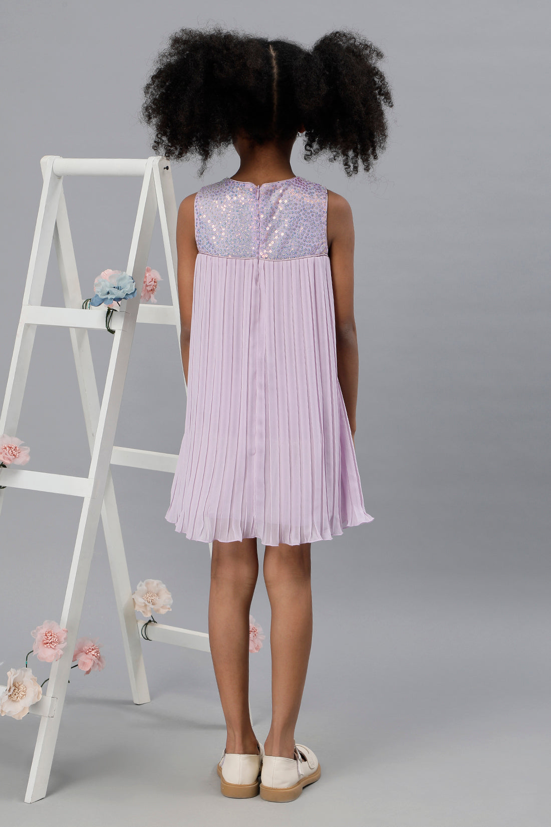 Girls Lilac Sequined Pleated Dress with bow