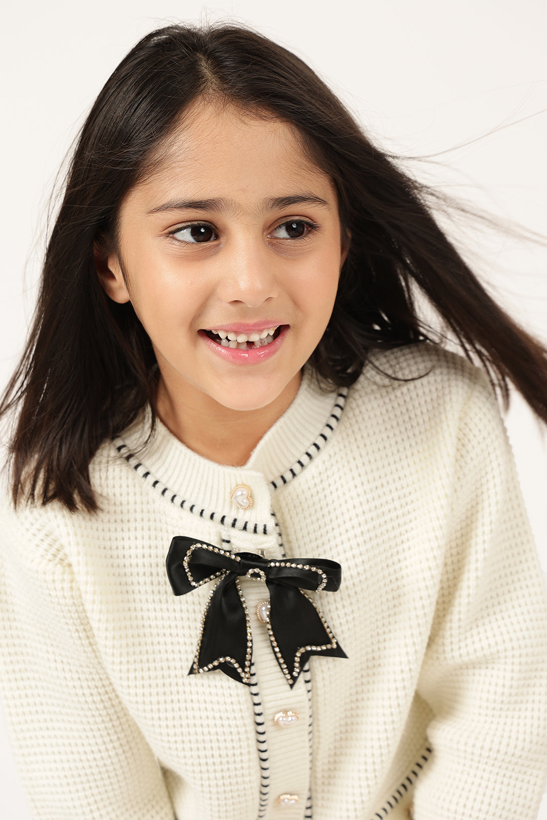 Girls Off White Round Neck Knit Cardigan