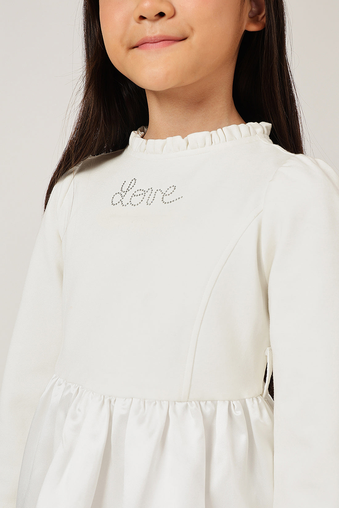 Girls Off White Teddy Round Neck Full Sleeve Dress | One Friday