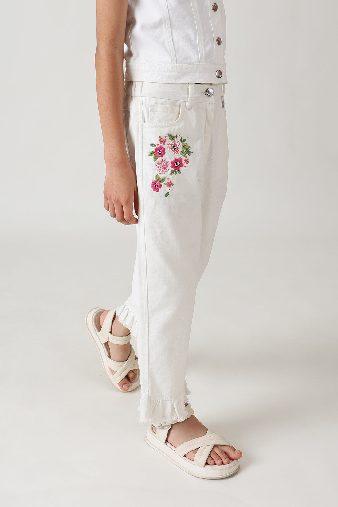 Girls White Regular Solid Denim By One Friday