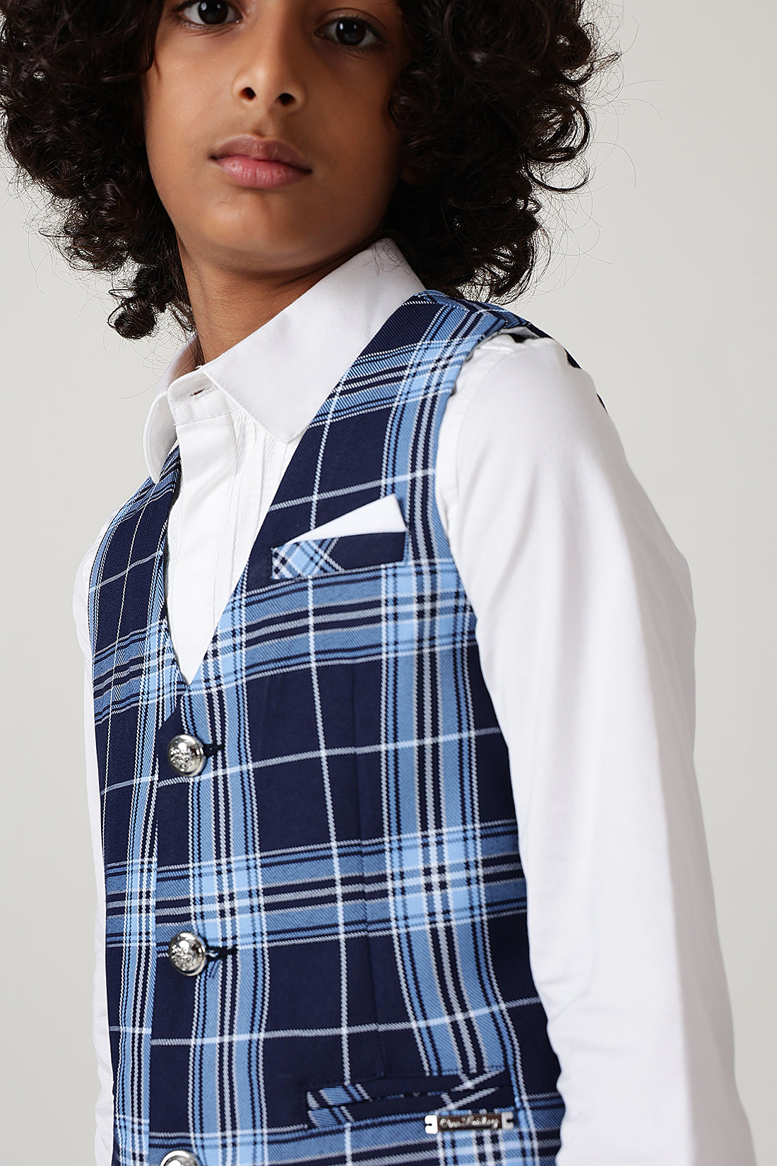Boys Blue Slim Fit Sleeveless Checked Waistcoat by One Friday