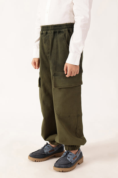 Boys Olive Solid Cotton Woven Trousers